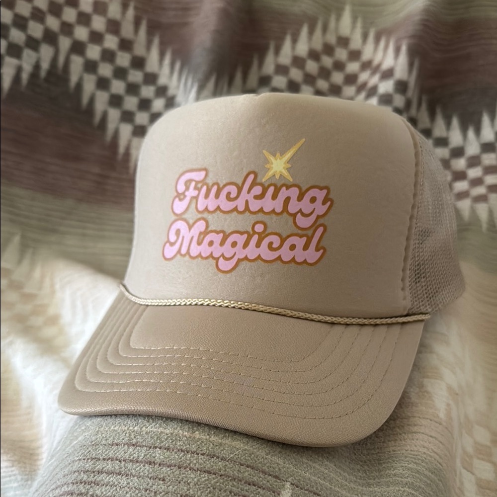 Beige Trucker Hat with Pink Graphic